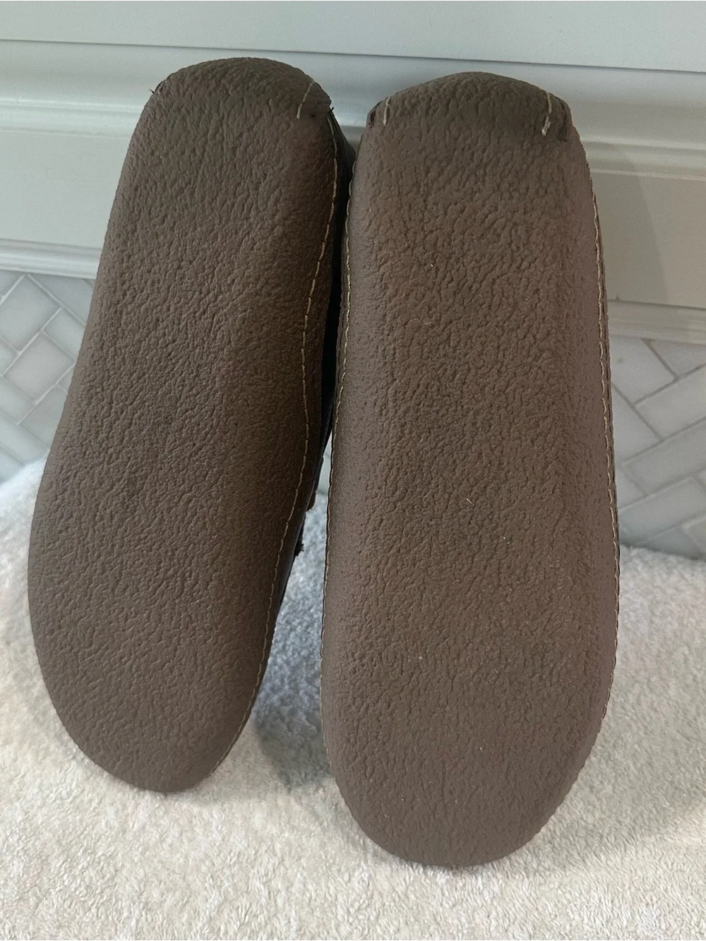 L.L. Bean Handsewn Mens Moccasin 11M Brown Leather Flannel Lined Slippers